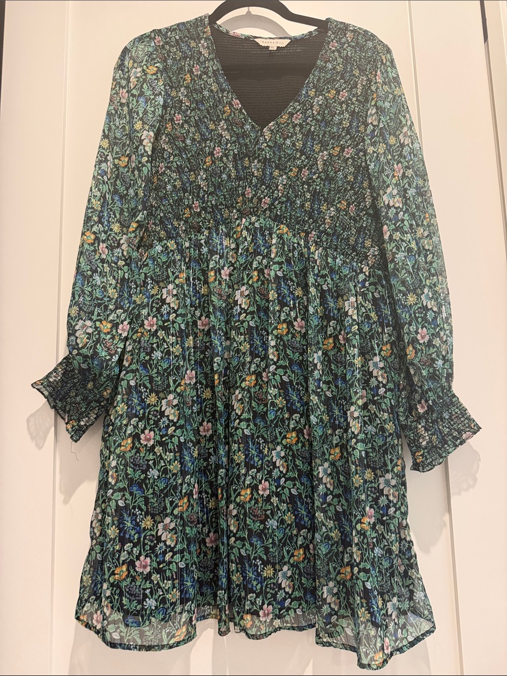 Smocked Floral V-Neck Dress in Dark Green Floral